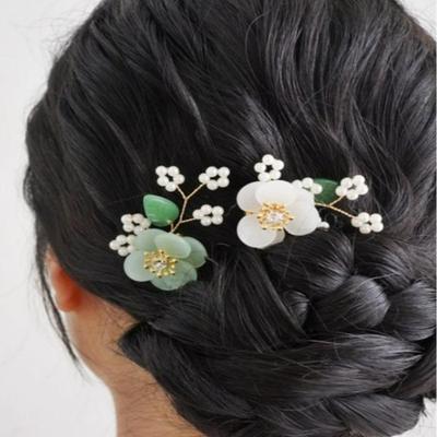 Korean  Hair Corsage Hanbok Hair Ornament Set, Rose Blossom White + Green