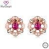 HuiSept 925 Silver Earrings Jewellery Flower Shaped Inlaid Ruby Zircon Gemstones Stud Earrings for Women Wedding Party Wholesale