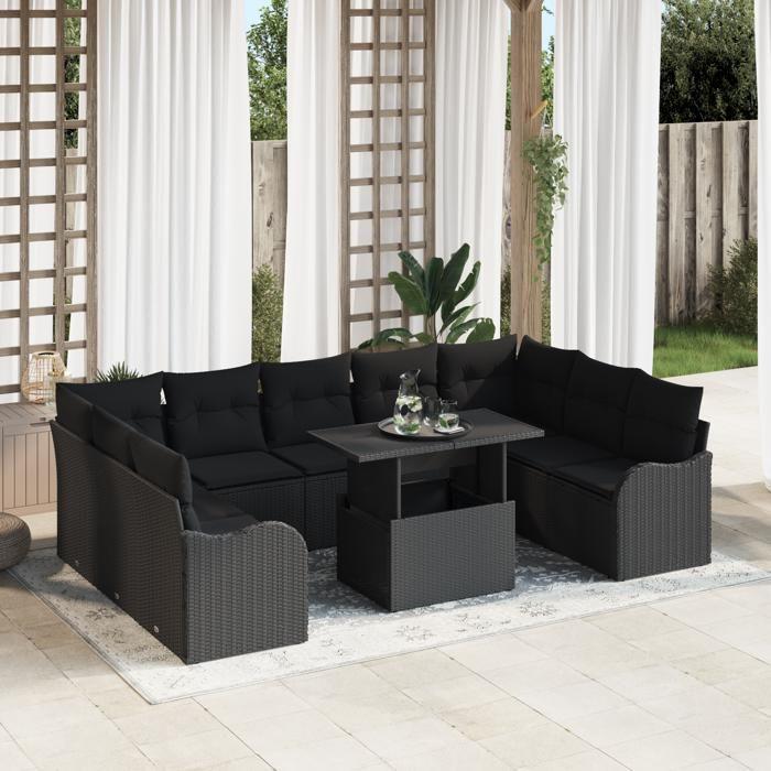 Ensemble de canapé de jardin de 10 pièces avec coussins Rotin poly noir, Canapé de jardin 2 places avec rangement et 3357266