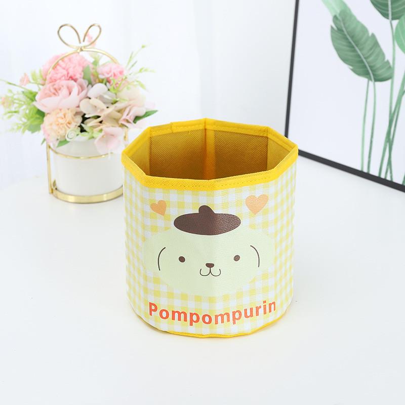 Pu Cartoon Grid Round Storage Bin With Foldable Design For Desk Organization And Office Use
