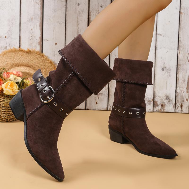 Fashion Metal Belt Buckle Decoration Riding Boots Women 2025 Autumn Sexy Point Toe Suede Western Boots Slip On Mid Calf Booties