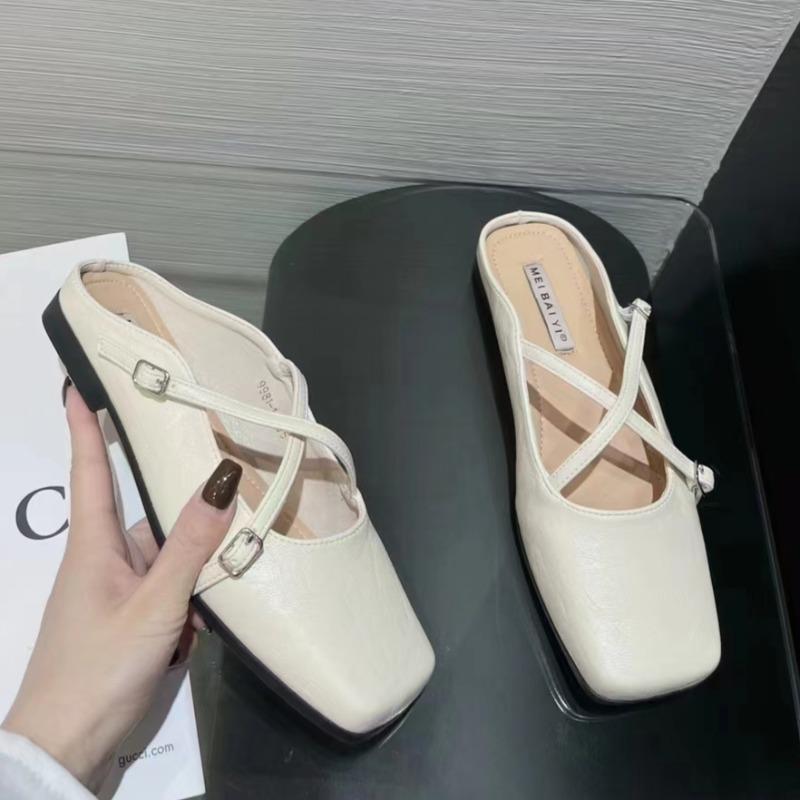 

Fashion Spring New Baotou Slippers Women s Square Head Shallow Mouth Word with Soft Sole Anti-slip Wear-resistant Flat Shoes 35 бежевый