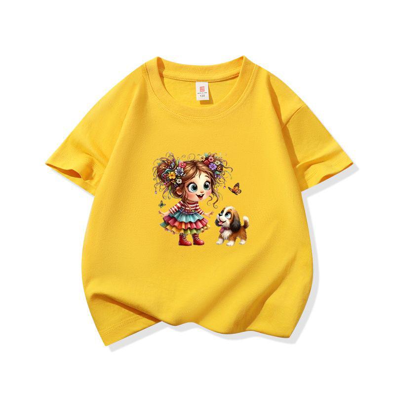Kids Cotton T Shirt Girl Wear Colorful Dress With Puppy Dog Print Crew Neck Short Sleeve Tee Casual Boys Girls Summer Tops