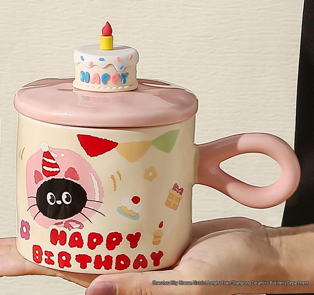 Birthday Cat Ceramic Mug - Cute Cake Design Coffee Cup Souvenir Gift 380ml
