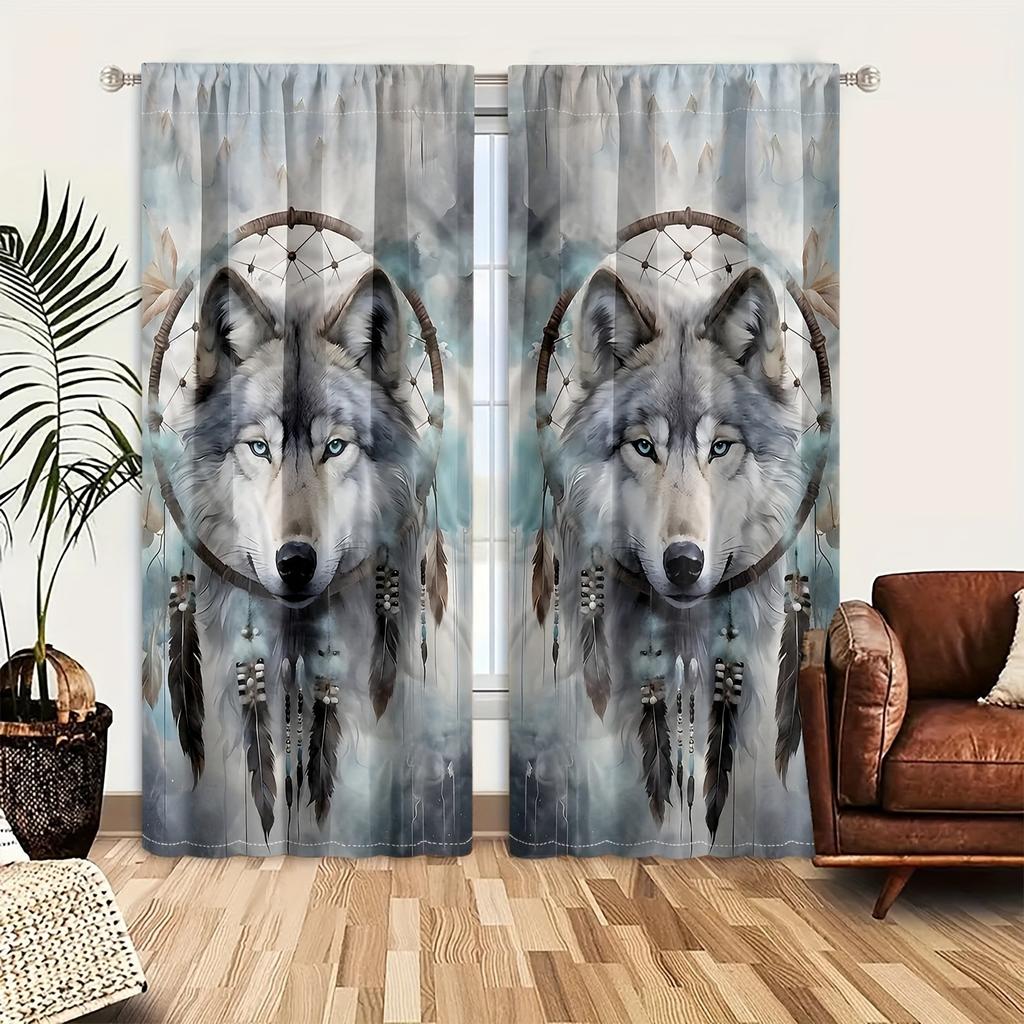 2PCS Bohemian Wolf Head Curtains with Rod Bag Design for Privacy Protection   Suitable for Various Decorative Scenarios