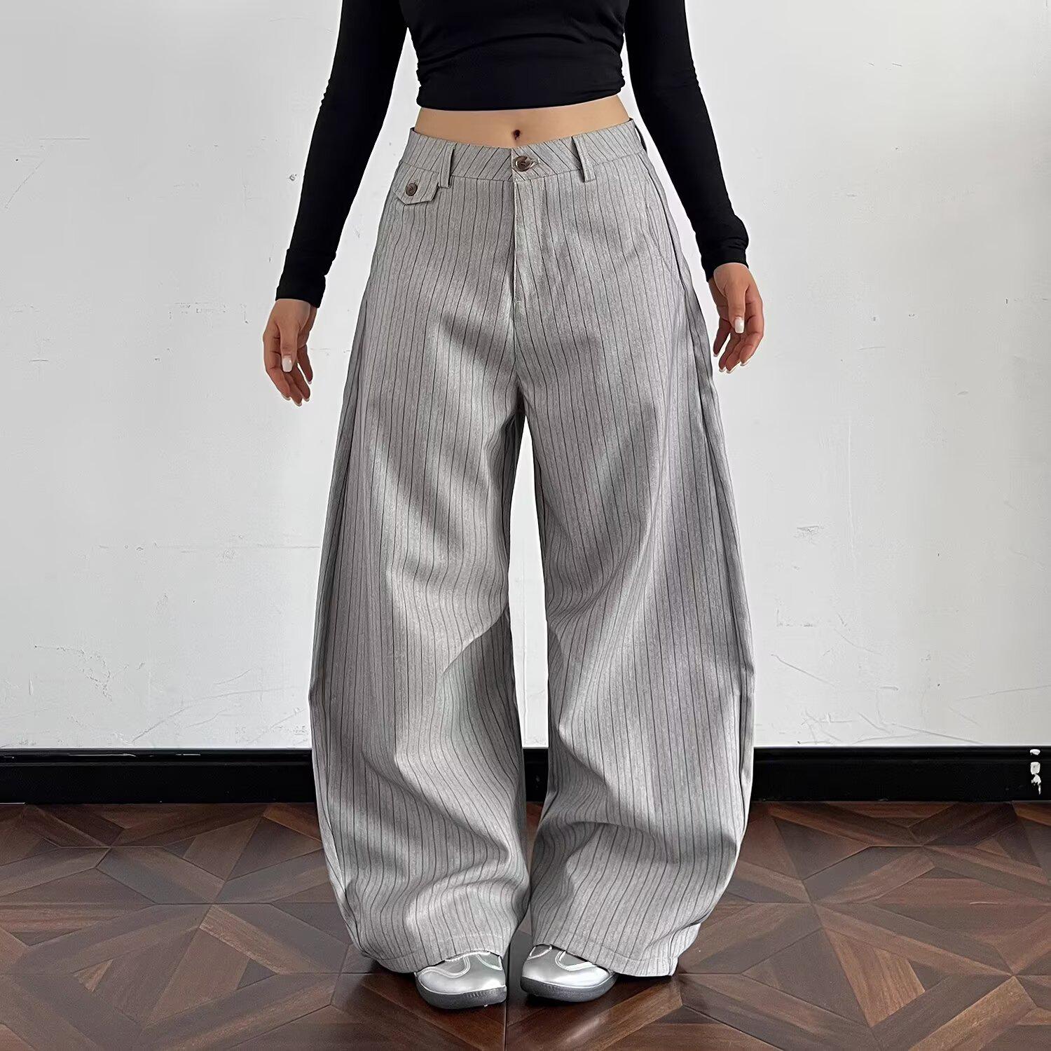 Striped Curved Knife Western Trousers: Women s High Waist Slimming Wide Leg Casual Pants for Spring and Autumn M