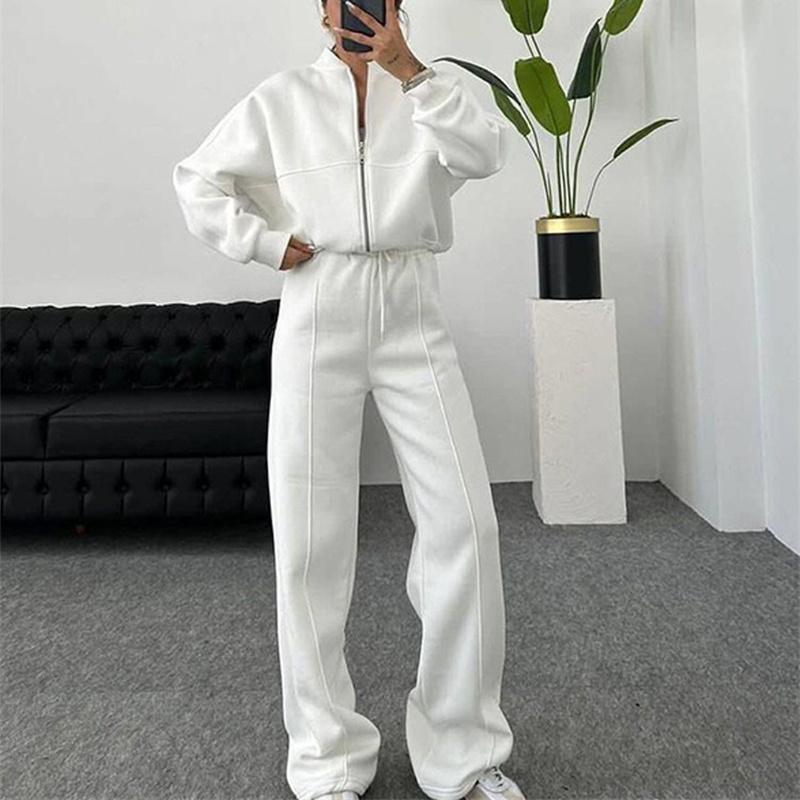 Sweatshirt Two-piece Suit Women's Casual Sets Loose Zipper-up Short Jacket Tops Straight Trousers Sports 2-piece Sets Lady