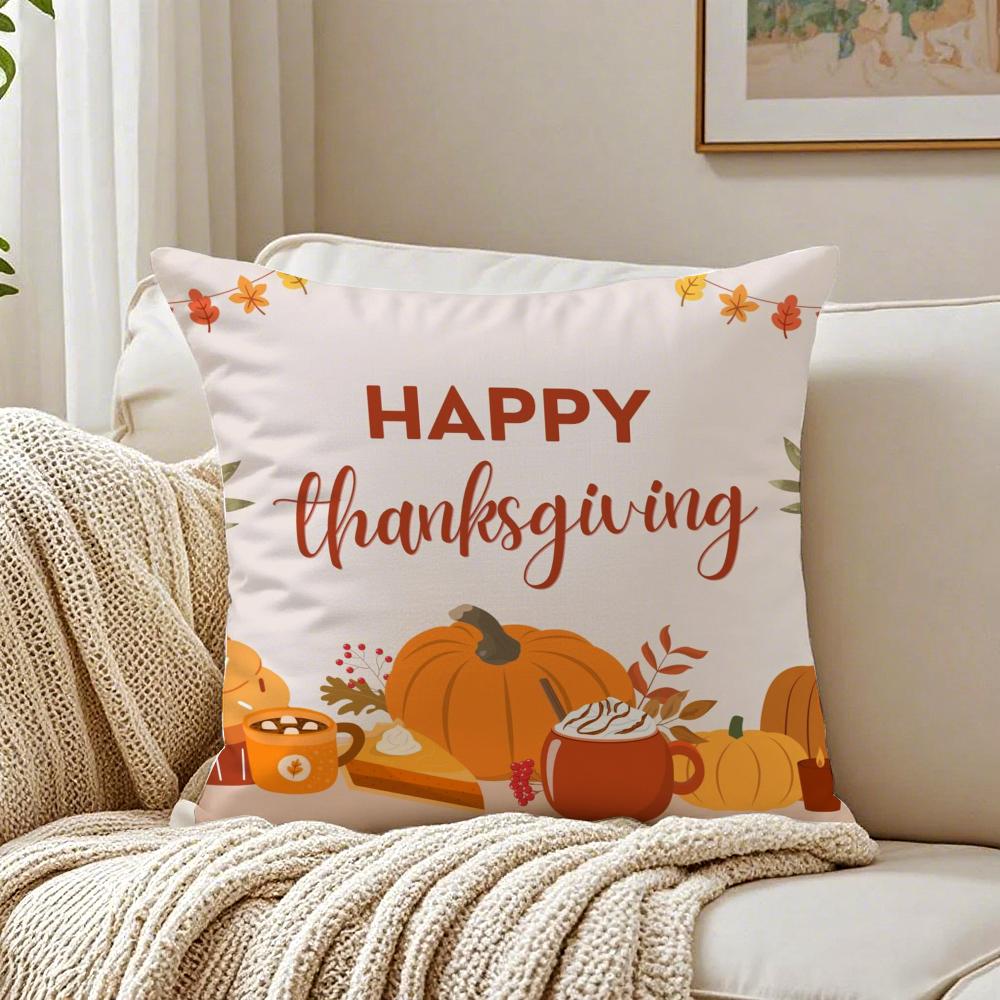Thanksgiving Pumpkin Maple Leaf Cushion Cover Linen Minimalist Soft for Sofa Bed Home Room Decor 30x30cm