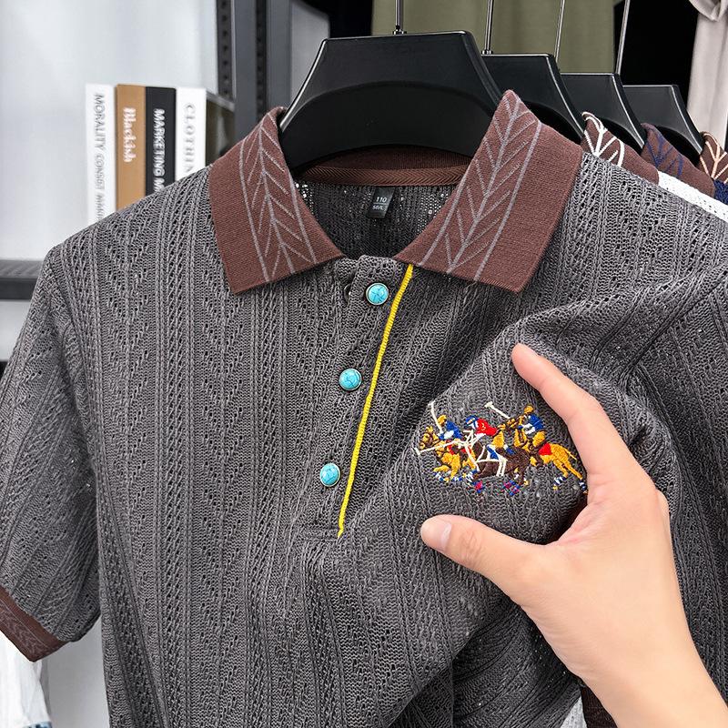 New Short-sleeved T-shirt Men's Autumn Knitted Sweater Embroidered Pattern Matching Jacquard Top