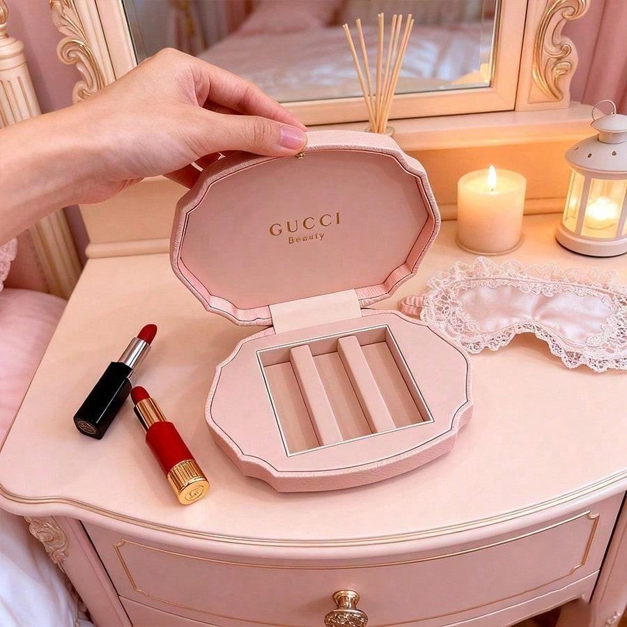 Mittelgroße Vintage-Make-up-Aufbewahrungsbox für Damen mit rosa Muscheldesign