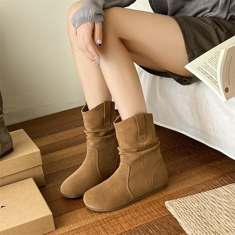 Soft Leather Retro Pleated Piled Boots Women's 2025 New Spring and Autumn Single Boots Medium Tube Thin Western Cowboy Soft Leather Short Boots