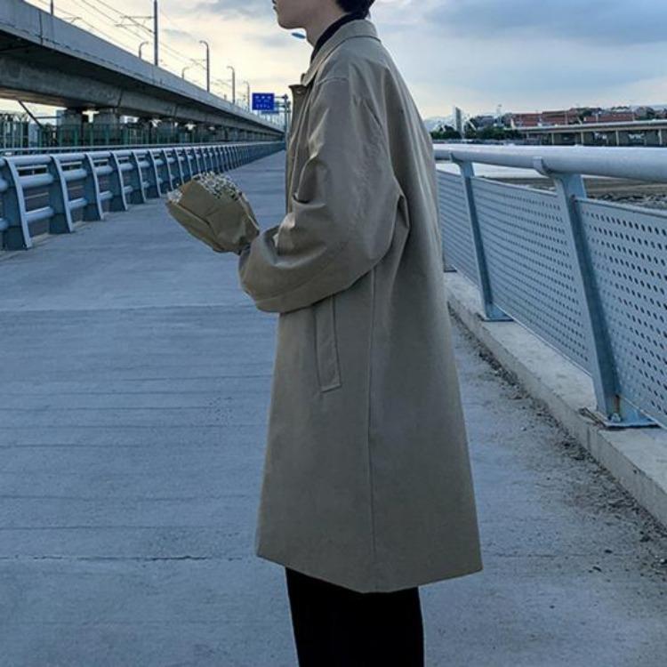 Men Double Breasted Windbreaker Coat Long Sleeve Lapel Solid Color Loose Fit Casual Mid Length Trench Coat with Pockets