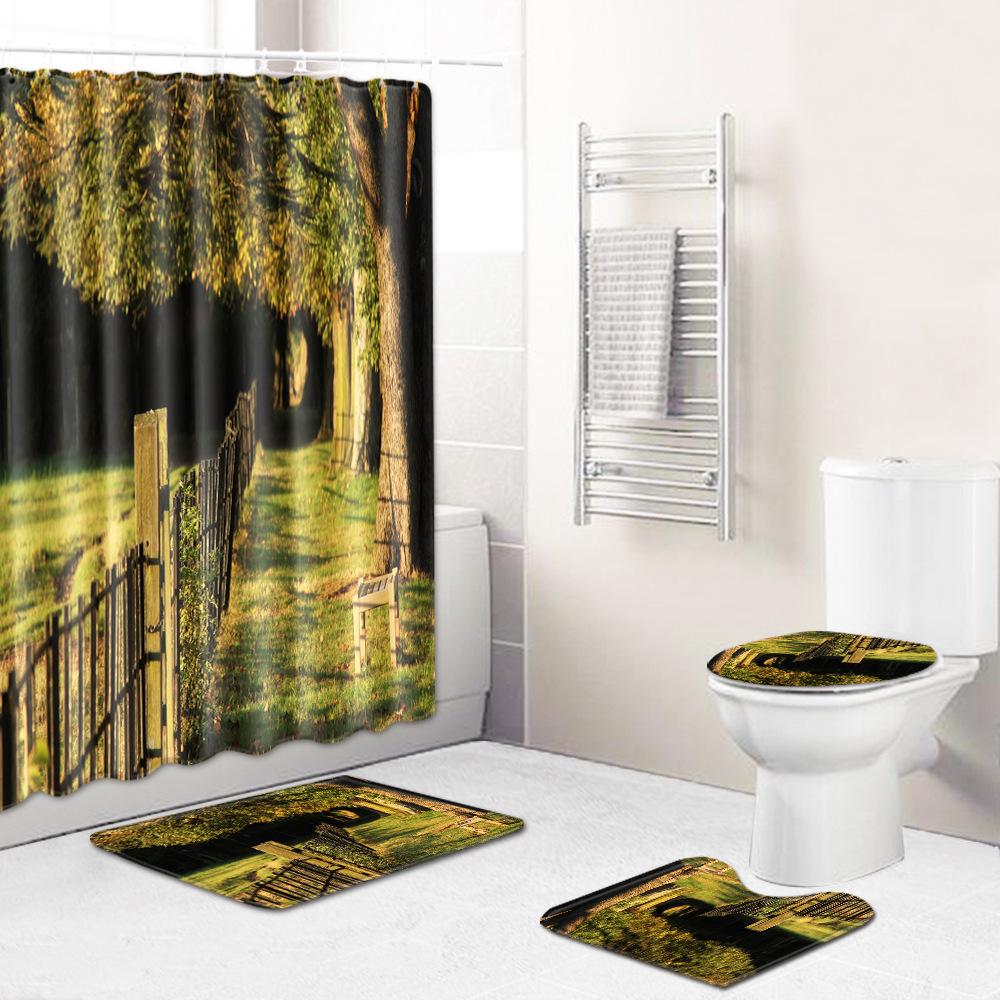Landscape Shower Curtain Floor Mat Combination Four-Piece Set Bathroom Toilet Carpet Shower Room Mat Foot Mat