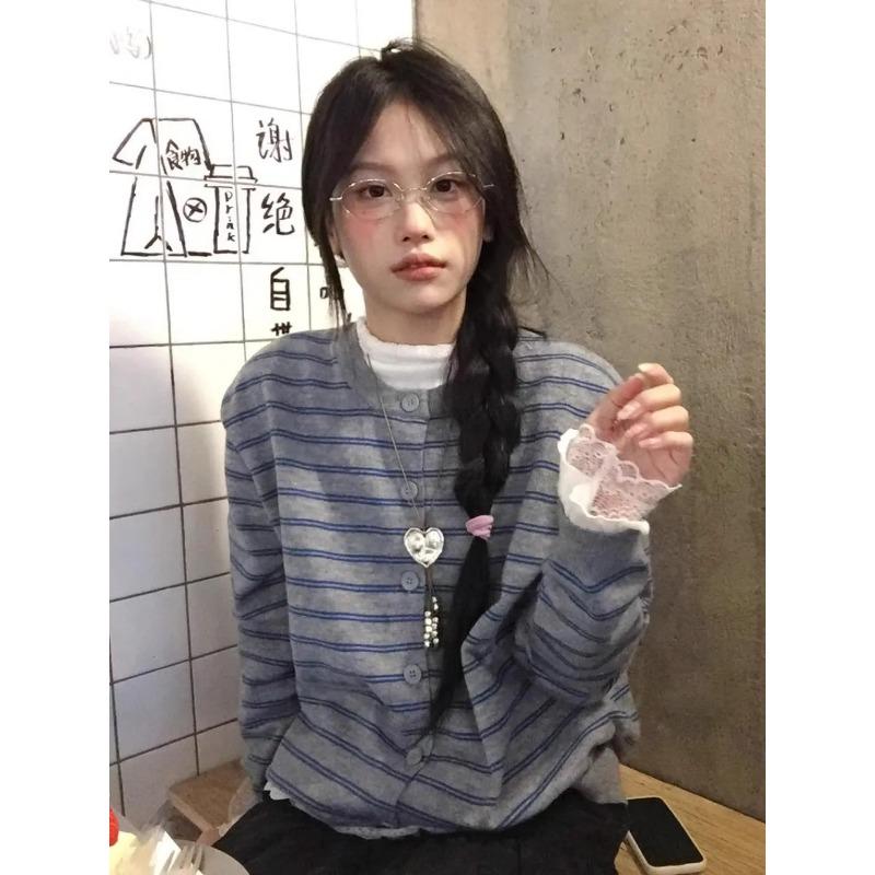 Ретро полосатый вязаный кардиган женский весенне-осенний новый модный укороченный свитер-пальто S серый