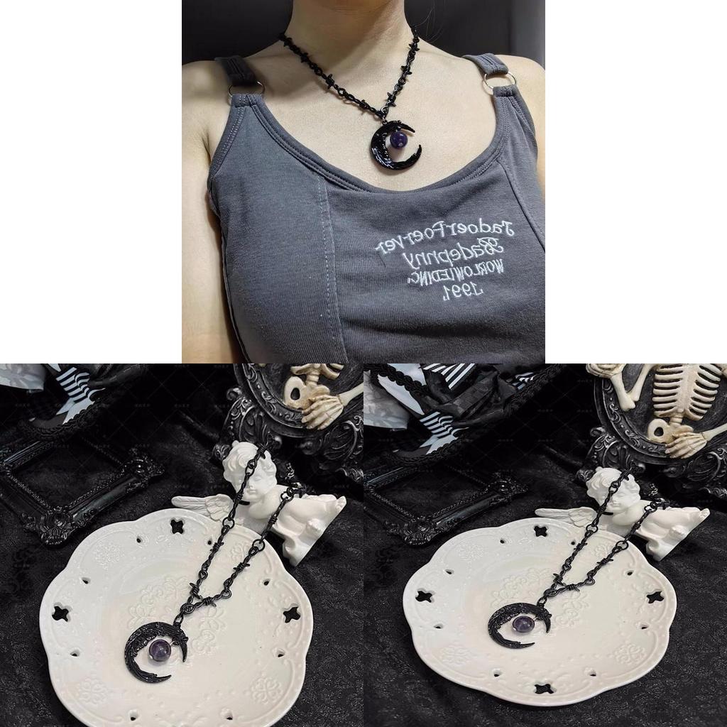 Dark Fantasy Punk Chain Necklace With Silver Finish And Moon Element For Girls