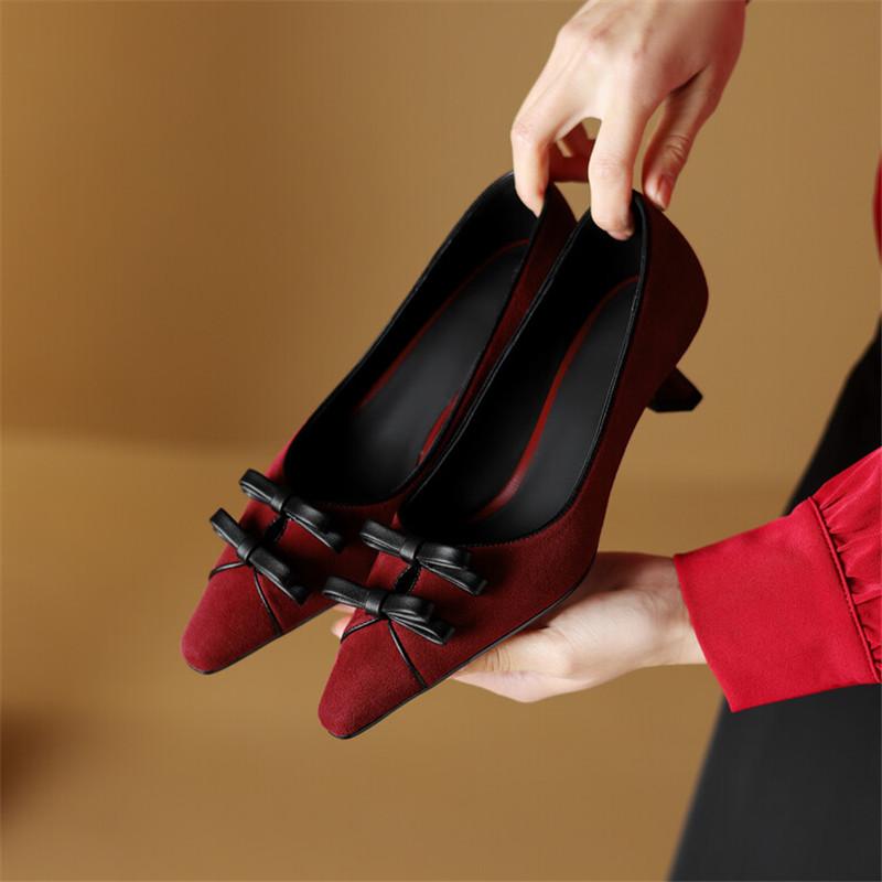 Fashion Sheep Suede Square Toe Women Pumps Spring Summer Woman Shoes Fashion Bow Loafers Shoes for Women Zapatos De Mujer High Heels