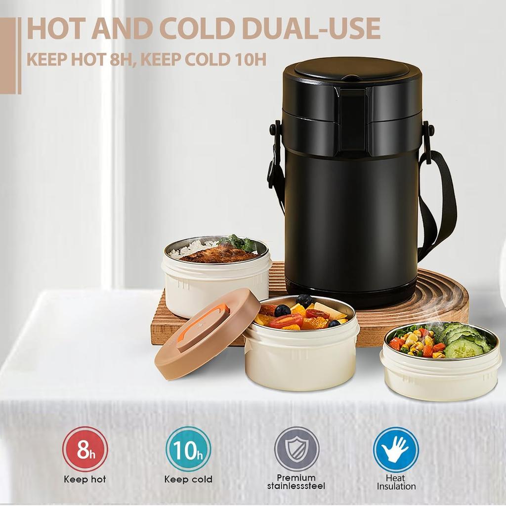 82oz Adults Thermo Food Jar For Hot Food 3 Tier Bento/Food Wide Mouth Insulated Stackable Food Containers Hot Cold lunch box for Work Office Outdoors