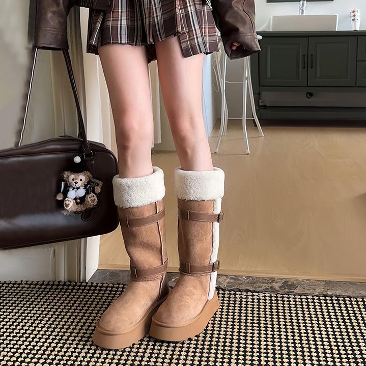 Belt Buckle Thick-soled Snow Boots Women's 2025 New Winter Non-slip Lamb Wool Piled Thickened Tall Snow Cotton