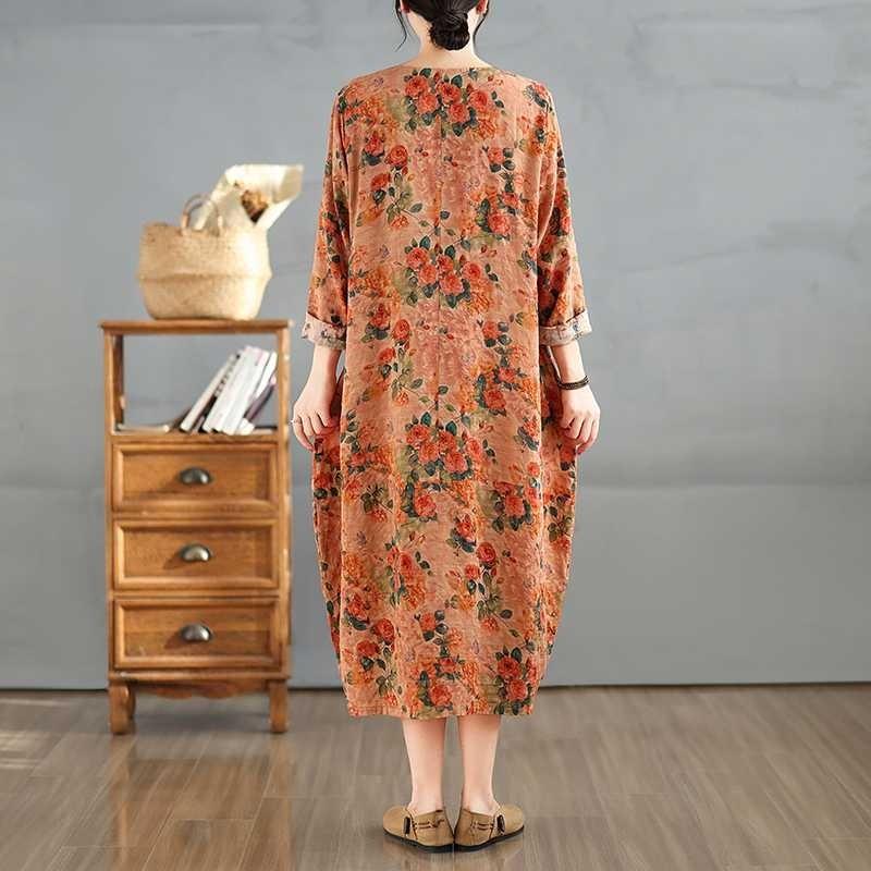 2025 Vintage Printed Round Neck Long Sleeve Patchwork Loose Plus Size Long Dresses