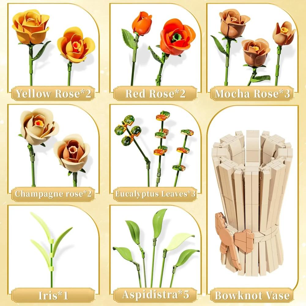 868PCS Rose Bouquet Building Blocks Eternal Flower Vase Bricks Home Decoration Girl Romantic Valentine's Day Gifts Kids DIY Toys