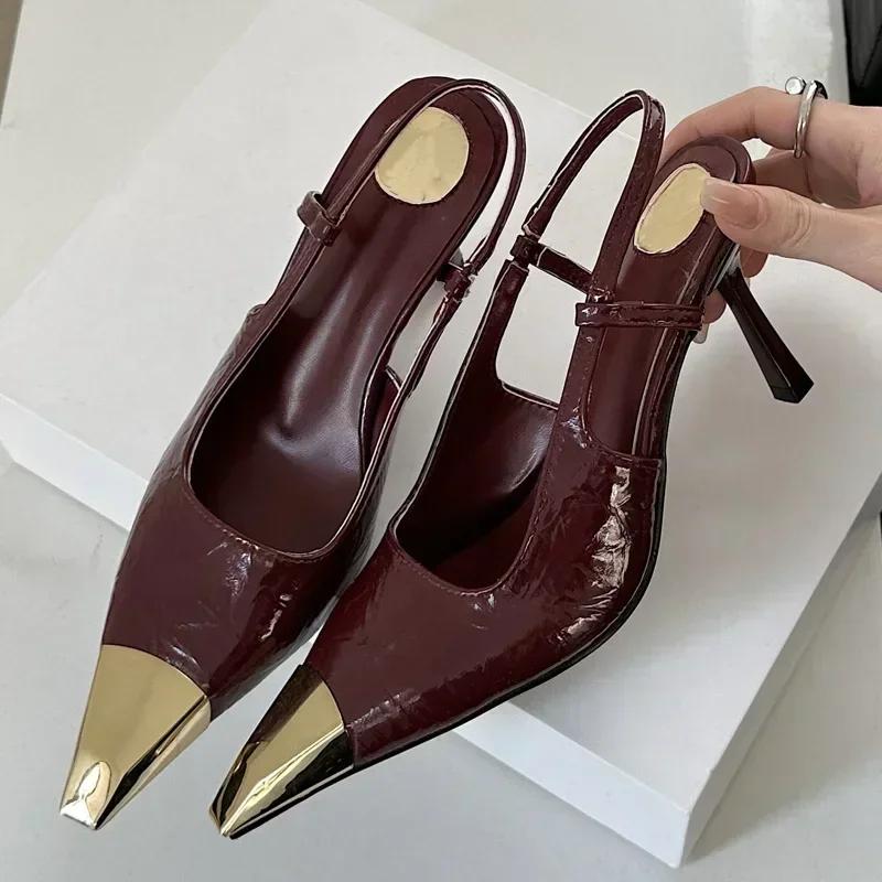 Fashion High Quality Luxury Designer Splicing Metal Pointed Toe Women Pumps Elegant High Heels Stripper Banquet Shoes Slingback Sandals