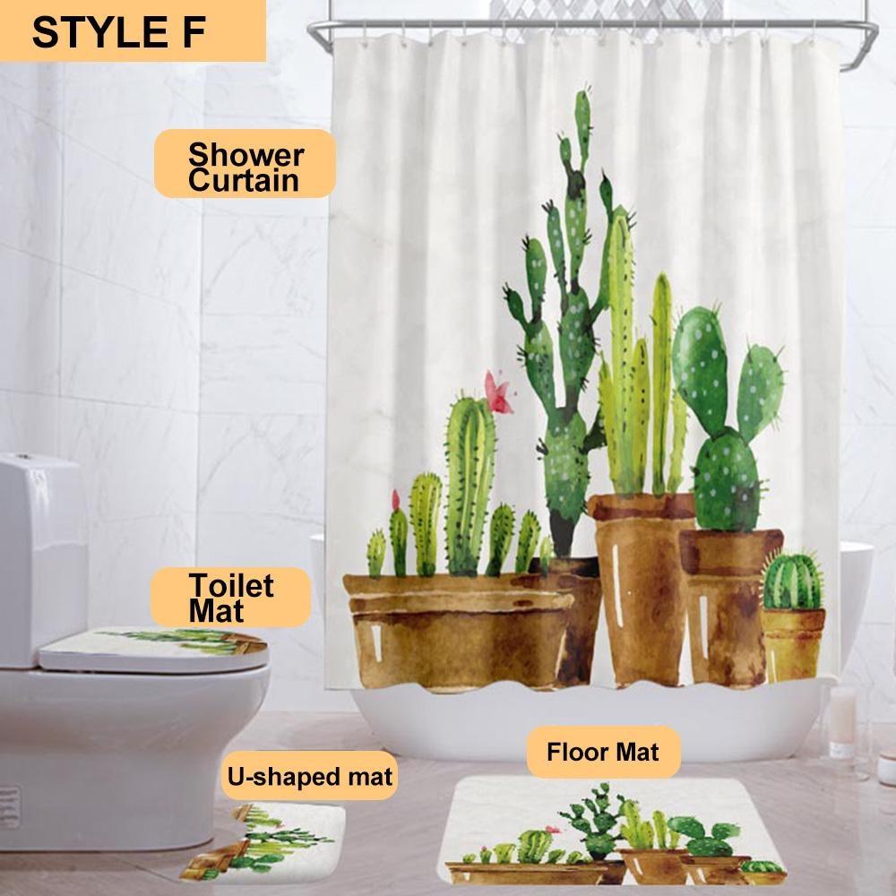 4Pcs/Set Shower Curtain Set with Bathroom Rugs and Mats Desert Cactus Succulent Plants Style Bathroom Decoration