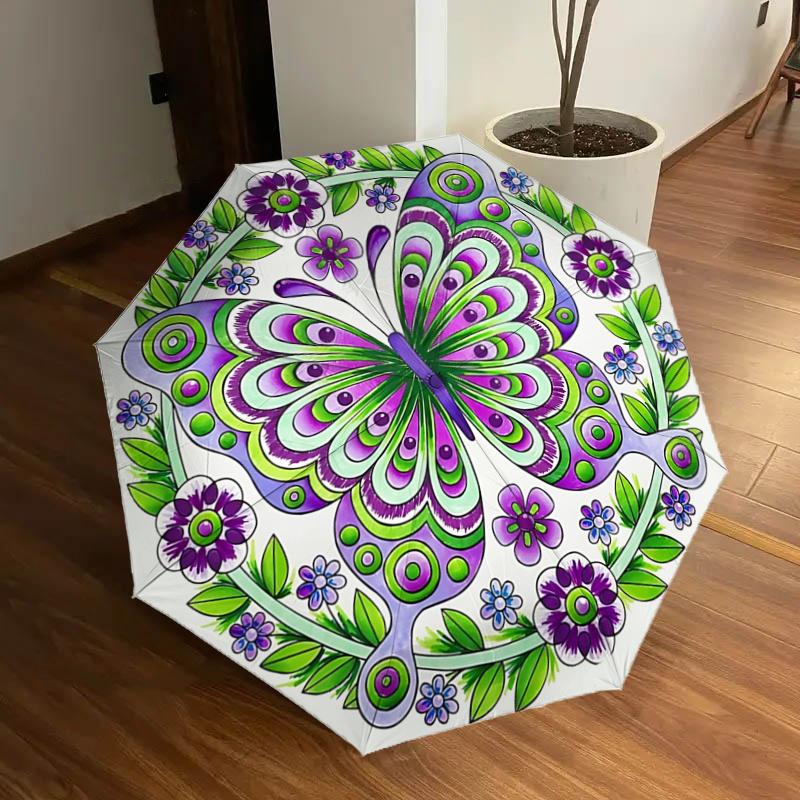 

Automatic Opening Folding Umbrella with Purple Butterfly Design - Portable 3-Fold Iron Frame Outdoor Umbrella for Festive Gifts, Travel, Dai