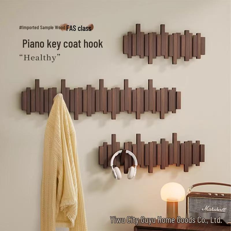 Solid Wood Coat Rack with Piano Key Hooks – Adhesive, No-Punch Design for Wall or Door