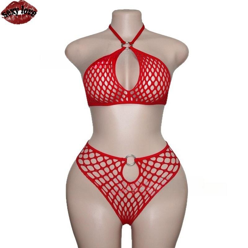Sexy Love Underwear Perspective Split Two Piece Set Fishing Net Hollow Neck Hanging Loop Bikini Lingerie for Women Micro Bikini