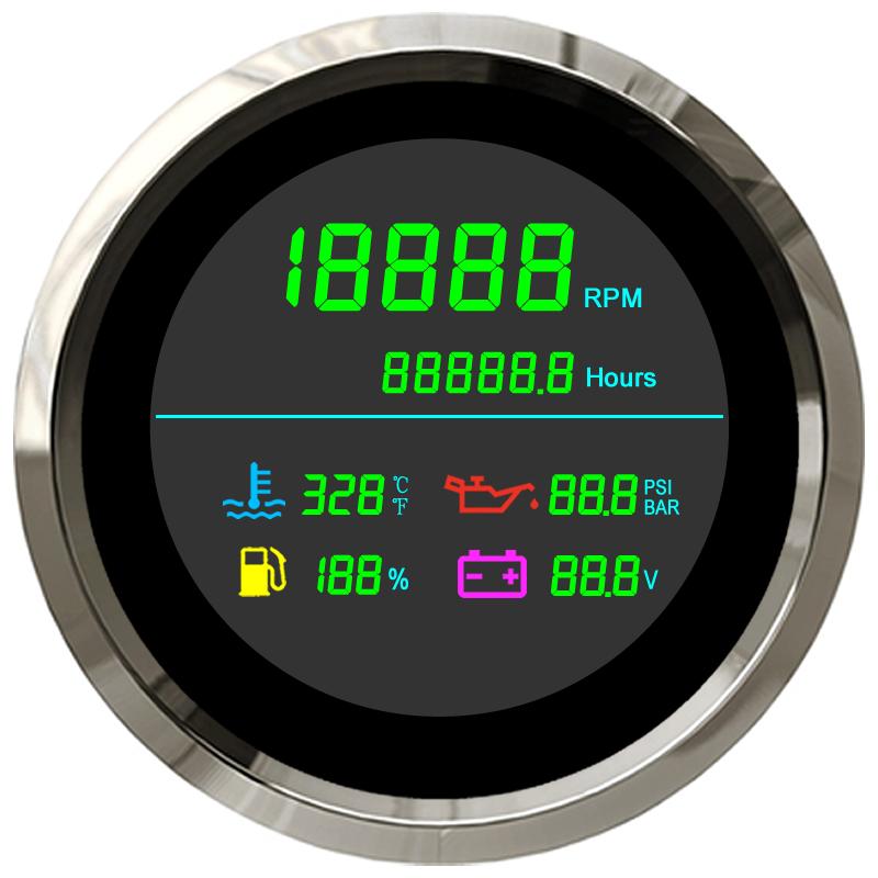 6 In 1 Multi-Function Tachometer Gauges 85mm LCD Fuel Gauge Water Temp Oil Pressure Voltmeter Hour Meter For Boat Car Customized Only Gauge BS