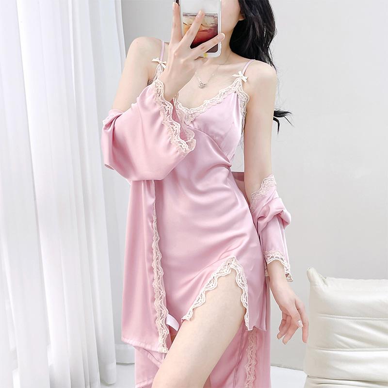New Ice Silk Thin Summer Sexy Two-piece Nightgown Nightgown Large Size Internet Celebrity Senior Sense Can Be Worn Outside Loungewear