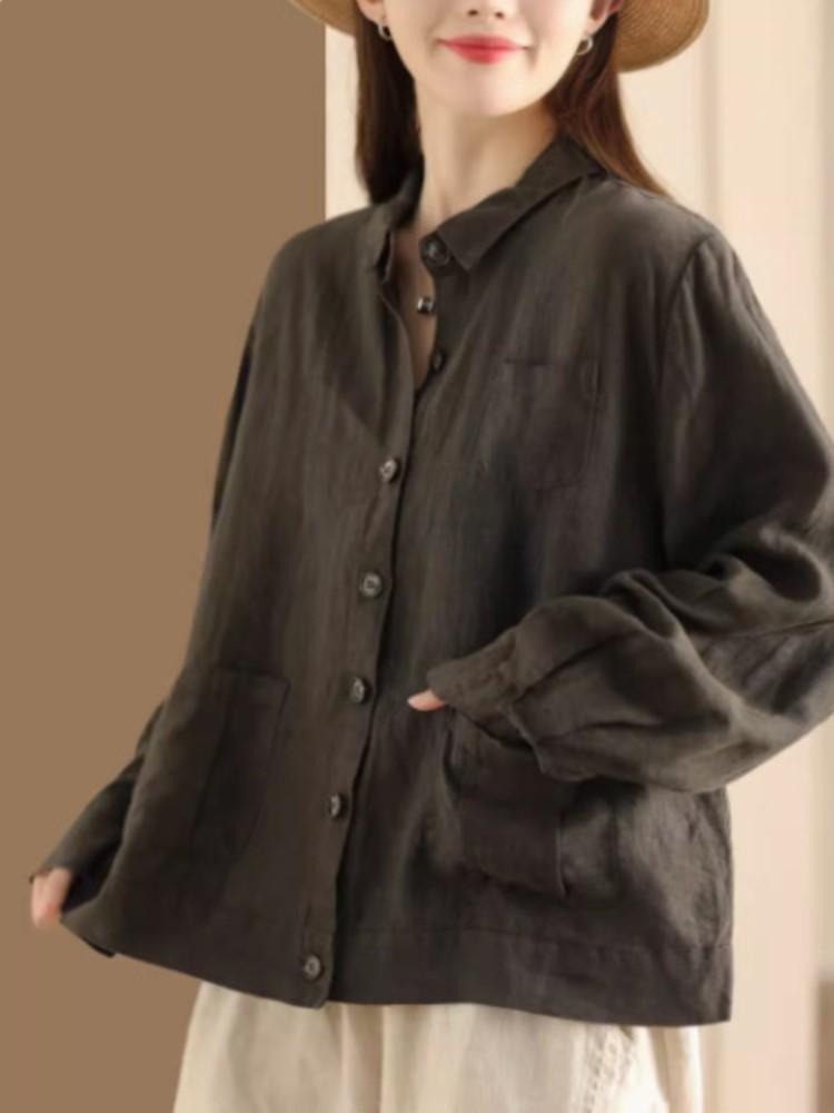 

Johnature Жіночі вінтажні сорочки Однотонні весняні блузки з довгим рукавом і відкладним коміром із клаптевими кишенями і ґудзиками One Size