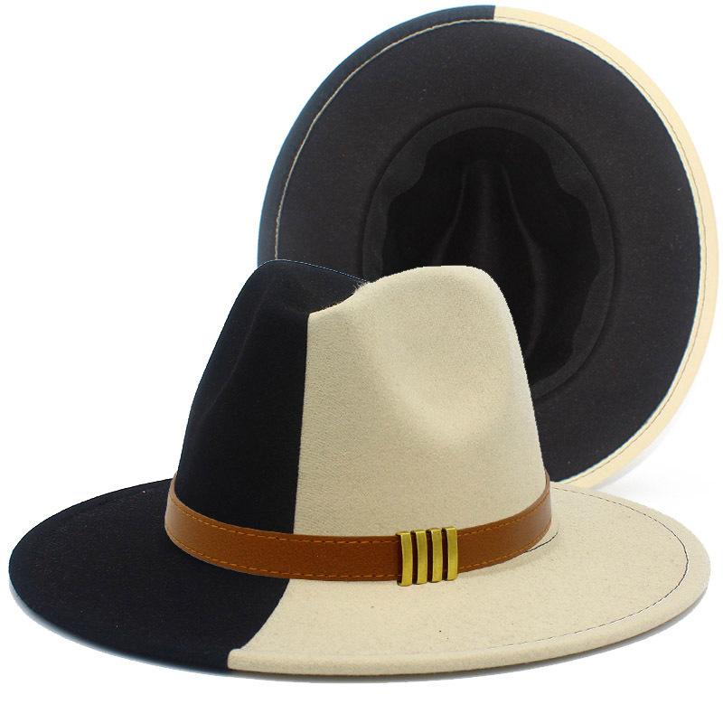 French Retro Double-color Woolen Top Hat Simple Belt Buckle Hepburn Style Wide-brimmed Cowboy Hat British Style Jazz Hat