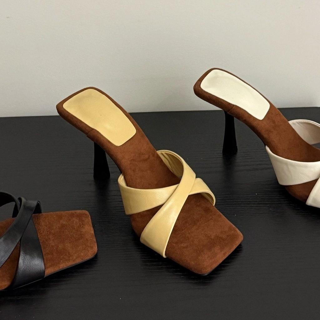 European and American style square head cross belt color matching one-word slippers 2025 summer new open-toed stiletto high-heeled cool slippers