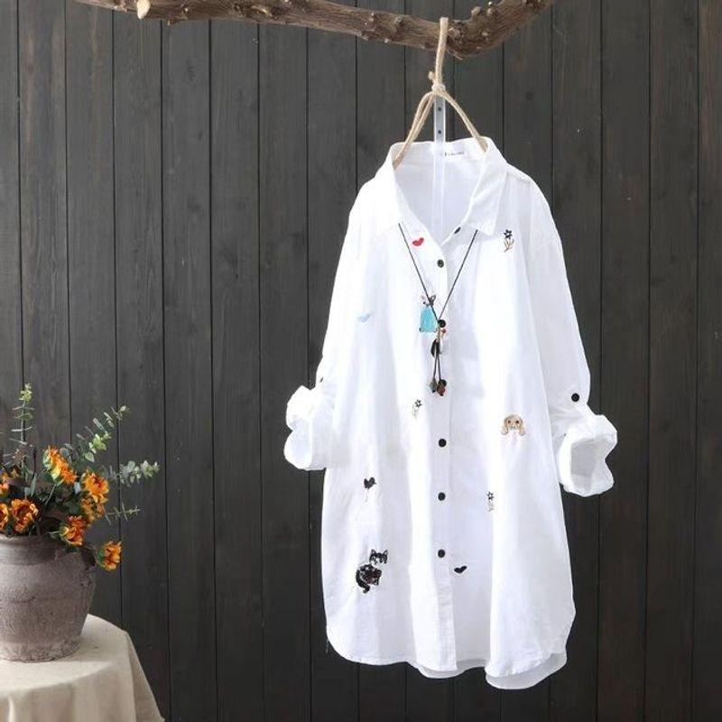 

Embroidered Mid-Length Loose-Fitting Shirt Embroider Mid Length Long Length Loose Shirt white XXL