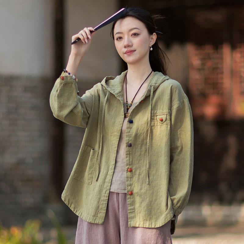 Johnature Women Vintage Shirts Tops Hooded Spring Chinese Style Solid Color Blouses Button Shirts