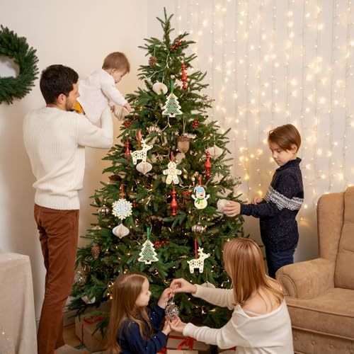 PIujsym Christmas Cross Stitch Kit for Kids - 12 Wooden Ornaments Embroidery Set with Thread, Needles & Ribbons, Creative DIY Craft Sewing Kit