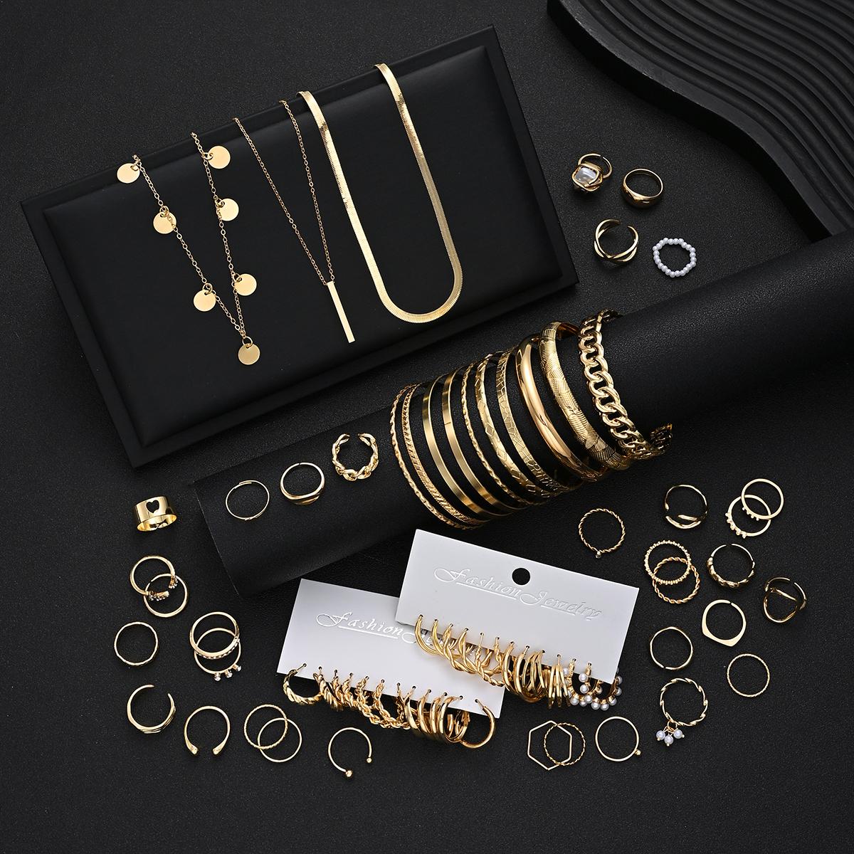 

70pcs Elegant Gold Color Jewelry Set for Women Includes Vintage Simple Necklace Bracelet Earring Ring Daily Party Jewelry Gifts
