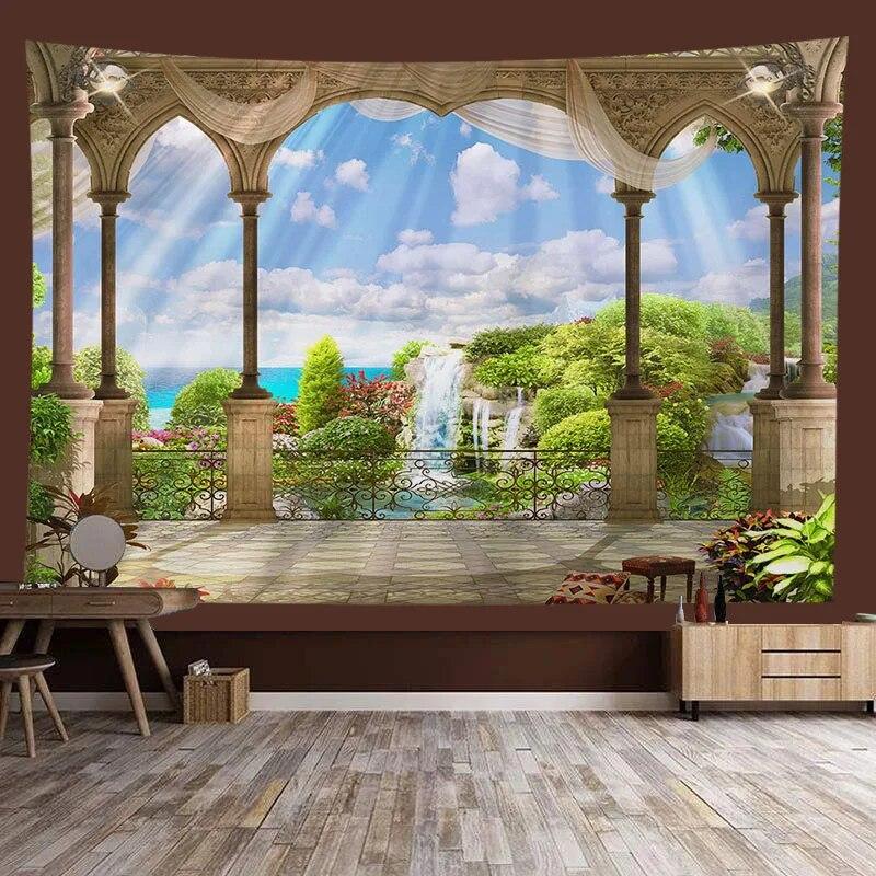 Window Sill Garden Beach View Large Tapestry Wall Hanging Bohemian Hippie Tapestry Room Aesthetic Living Room Home Decoration