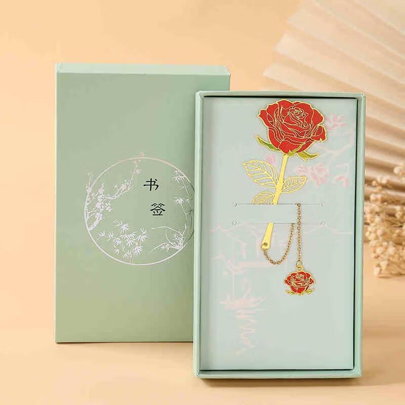 Chinese Style Hollow Brass Bookmark with Rose Pendant