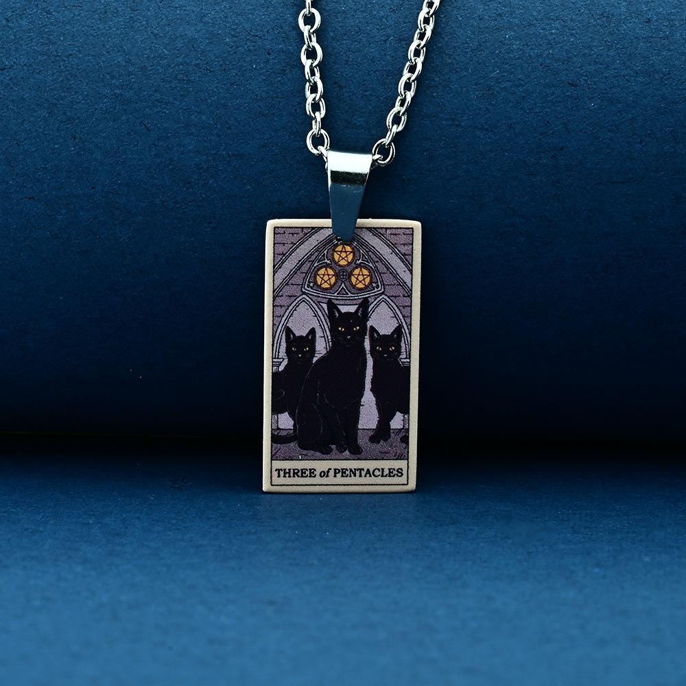 Stainless Steel Cat Tarot Card Necklace for Men Women Animal Divination Jewelry Accessory
