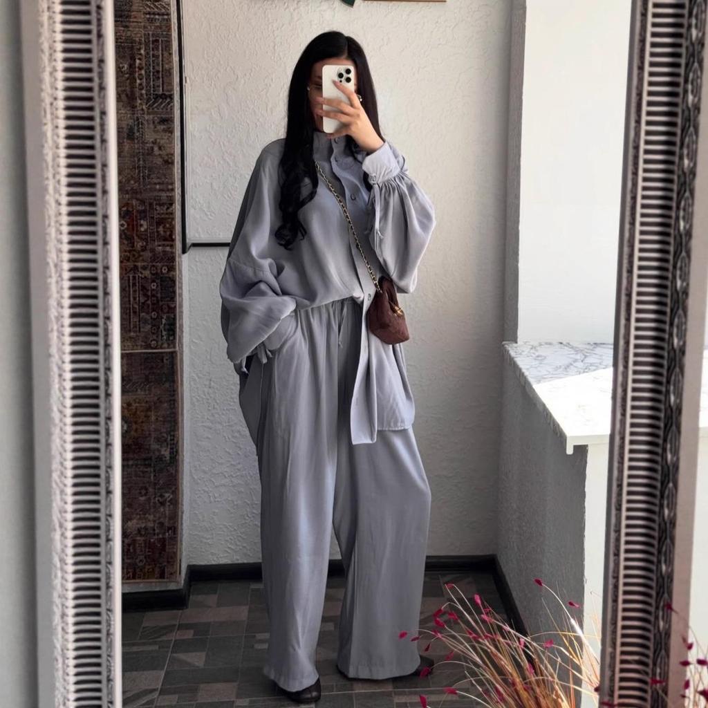 2025 Herbst Damen Übergröße Hemd mit Puffärmeln & Weite Hosen Zweiteiliges Set