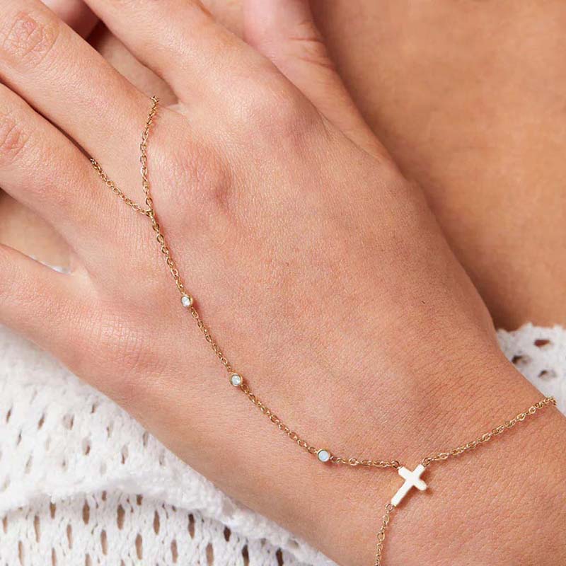 

Fashion Metal Cross Finger Ring Bracelet for Women Exquisite Crystal Zircon Bead Link Chain Hand Bangles Wedding Zircon Gift