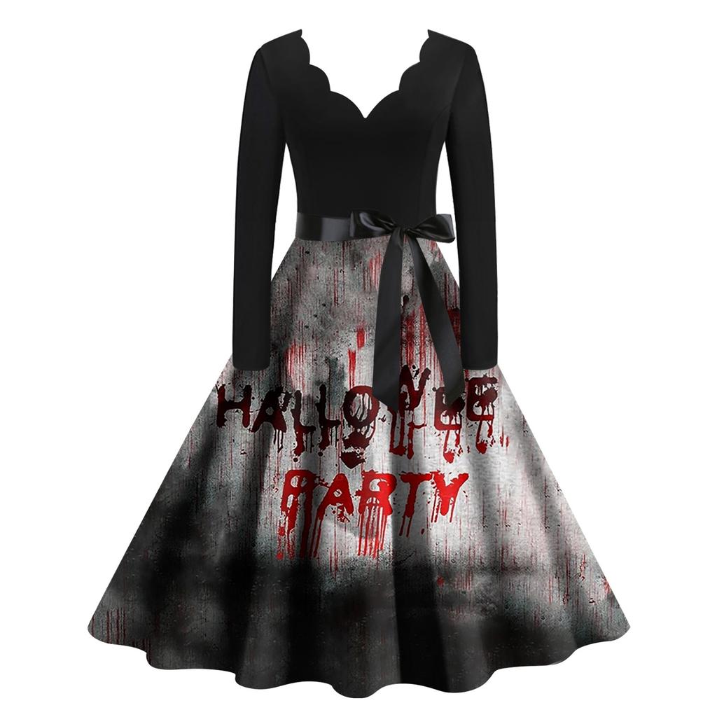 Halloween Women's Casual Fashion V-Neck Printed Vintage Dress