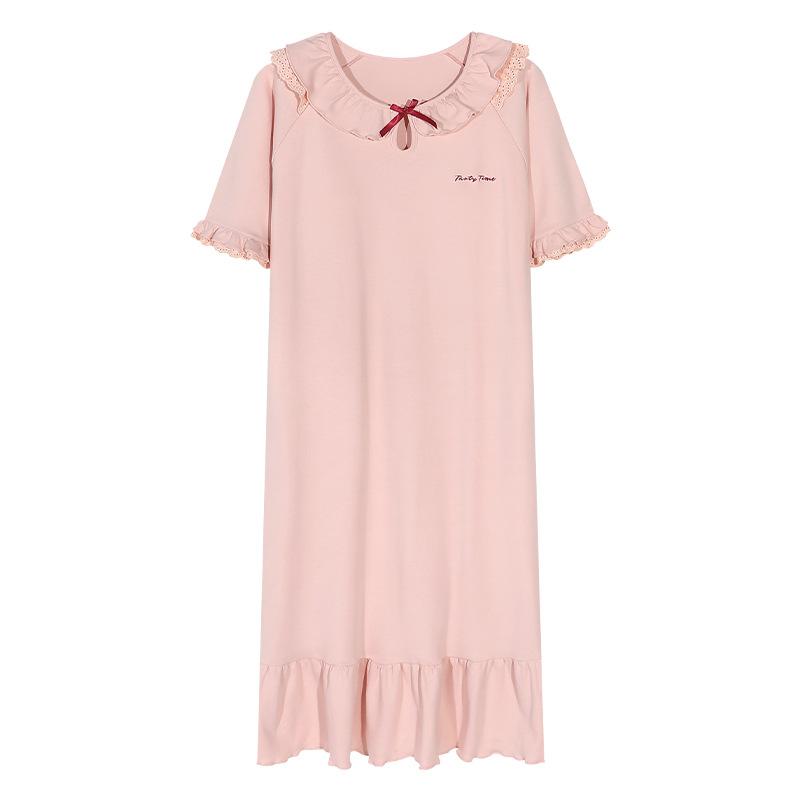 Summer Girl Pink Bow Nightdress Pure Cotton with Chest Pad Anti-bumping Short Sleeve Elegant Lazy Lady Princess Dress