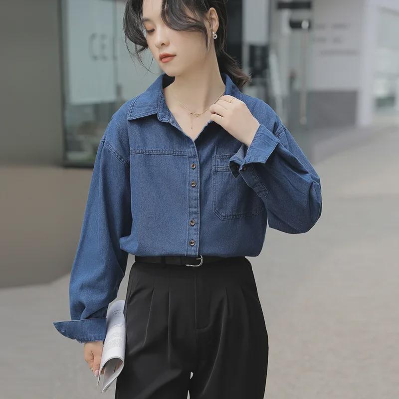 

2024 Retro Layered Long Sleeve Denim Shirt for Women Large синій