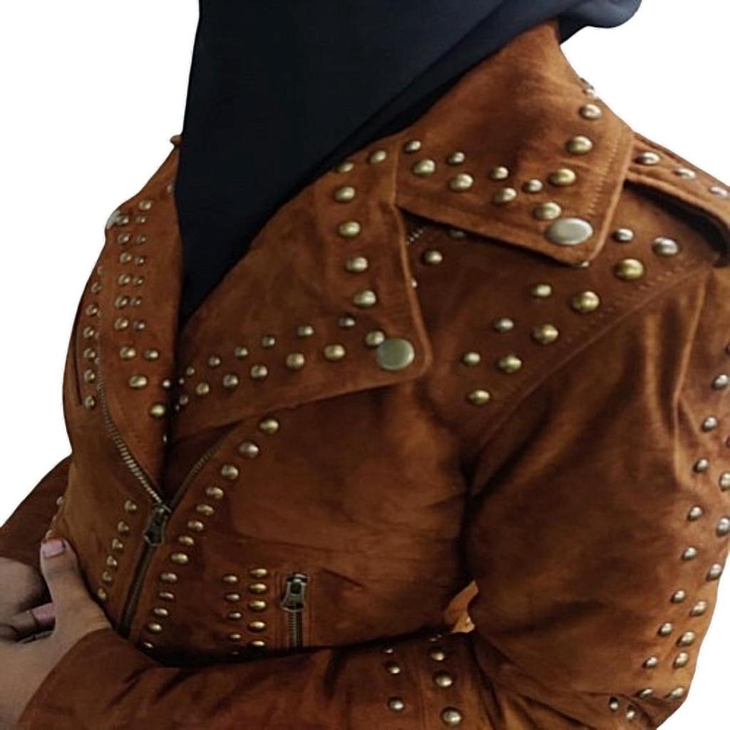 Women's American Style, Lambskin Brown Suede, Studded Jacket, With Zipper & Jacket,| Shoulder Strap, Gifts for her ,Cowgirl Jacket