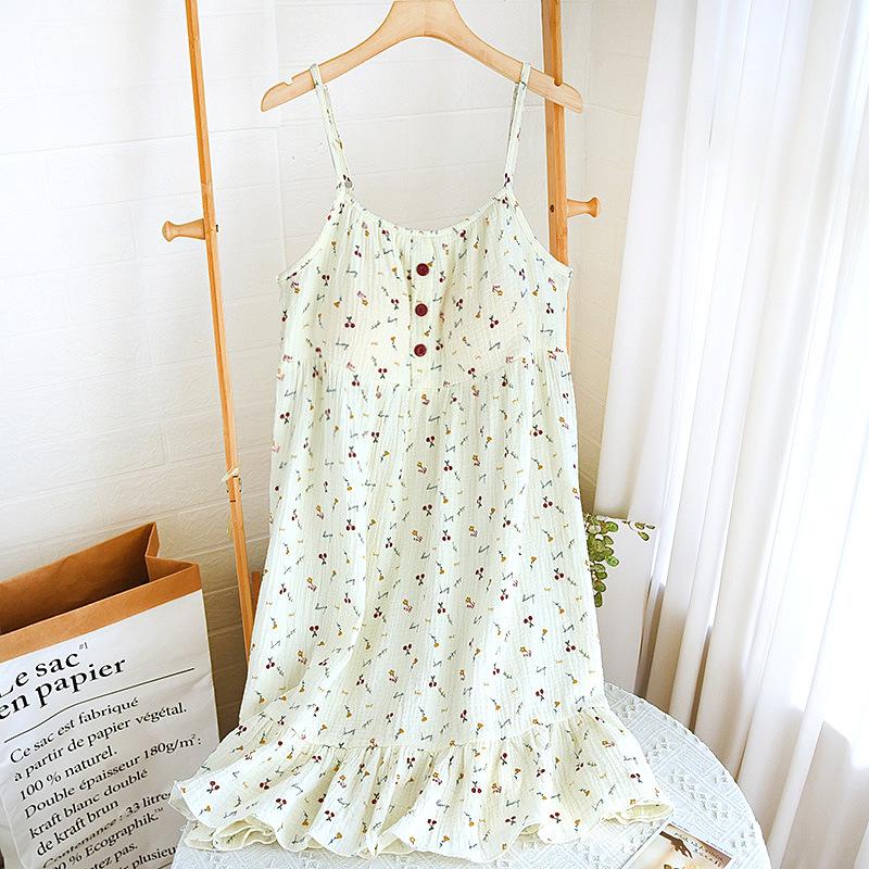 Girl's Floral Bubble Double-Layer Crinkle Cotton Nightgown with Built-In Bra Pads