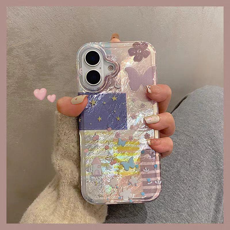 Color Blocked Flower Butterfly Graphic Phone Case for IPhone 16 15 14 13 12 11 X XR Xs SE2 SE 8 7 Plus Pro Max Mini Hard Cover