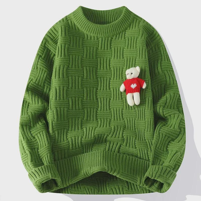 "2024 Men's Red Zodiac Bear Sweater: Autumn/Winter Round Neck with Coarse Twists"